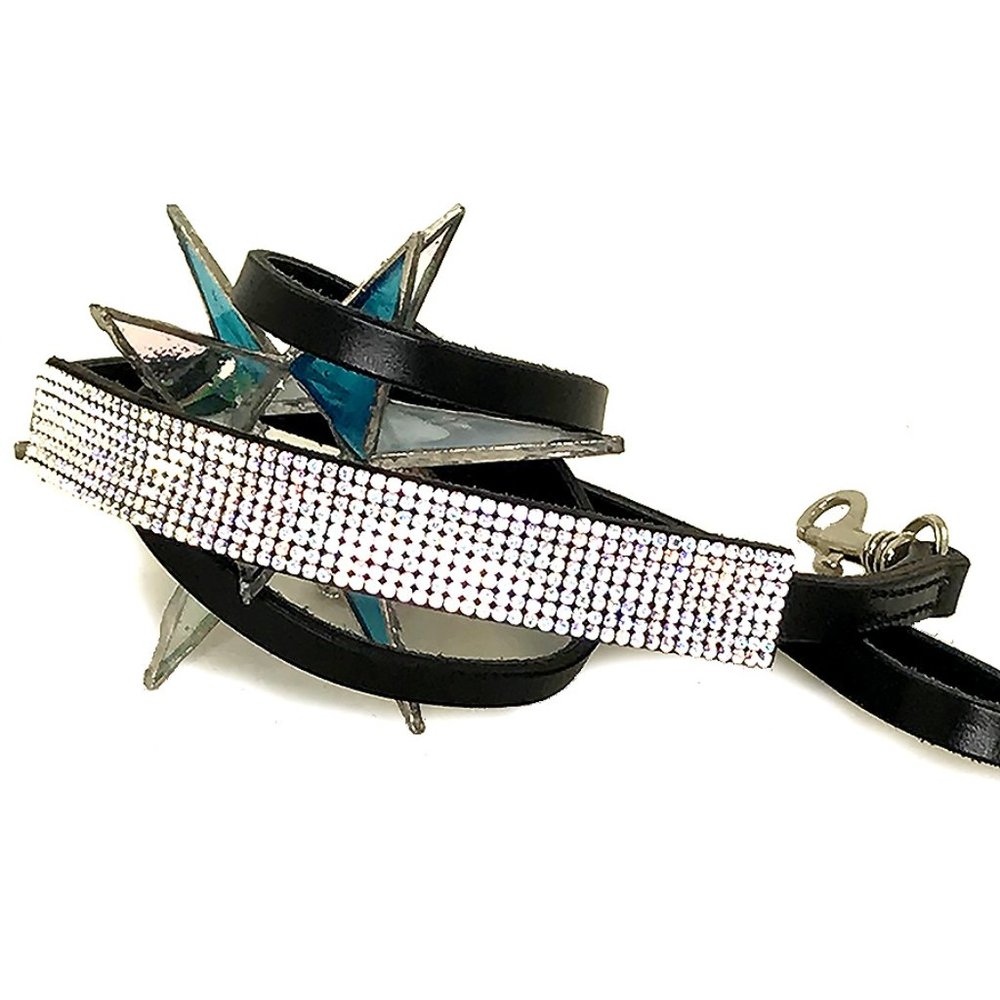 8-Row Clear Crystal & Black Leather Leash, 4 ft